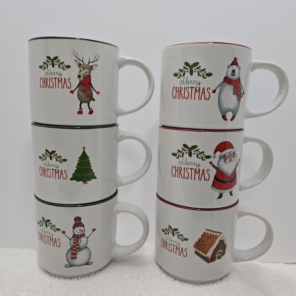 Bruntmor Set of 6 Large-sized 14 Ounce Christmas Holiday Ceramic Coffee Mugs